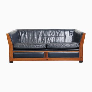 Art Deco Sofa with Woodwork and Dark Blue Cowhide