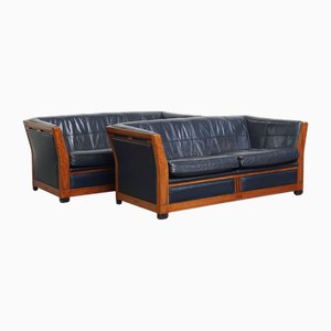 Canapés Art Déco avec Boiseries et Cuir de Vache Bleu Foncé, Set de 2