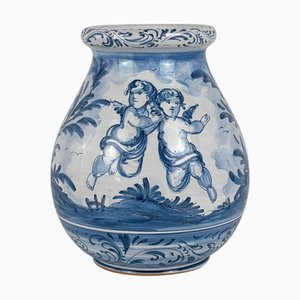 Blau-weiße Putten und Landschaftsvase Ernani zugeschrieben, Albisola, Italien, 1940er