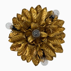 Large Vintage Hollywood Rengency Gold Gilded Leaf Flush Mount, 1970s