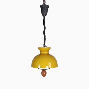 Vintage Murano Glass Pendant in Glossy White and Yellow with Wood, 1970s