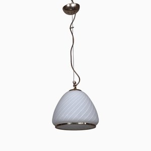 Lámpara colgante Swirl de cristal de Murano de latón blanco con base acampanada, años 70