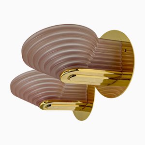 Art Deco Style Wall Lights in Brass and Pink Stepped Glass, 1980s, Set of 2