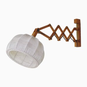 Ausziehbare skandinavische Vintage Akkordeon Lampe aus Holz mit Stoffschirm, 1970er