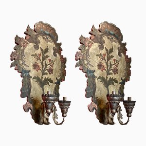 18th Century Rococo Venetian Polychrome and Mecca Lacquered Wooden Wall Sconces with Iron Arms, Set of 2