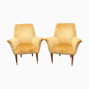 Juego de butacas italianas Mid-Century modernas de terciopelo dorado, años 50