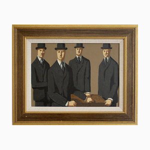 Michel Néron, Men in Suits and Bowlers, 1977, Oil on Board, Framed