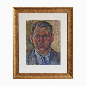 Artista escolar francés, Retrato de un hombre, años 70, Técnica mixta sobre papel de bellas artes