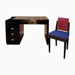 Art Deco Black Lacquered Desk and Chair, Set of 2