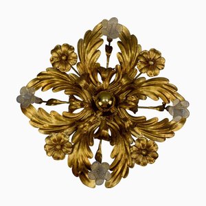 Italian Hollywood Regency Gilt Metal and Glass Flower Ceiling Light, 1970s