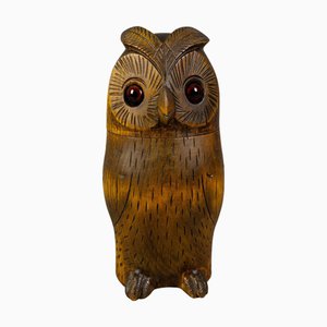 Mid-Century Black Forest Style Carved Linden Wood Owl Box, Germany, 1950s