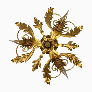 Italian Hollywood Regency Gilt Metal Foliate Ceiling Light, 1970s