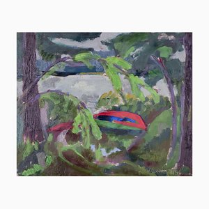 V, Axelsson, Vue d'une forêt et d'un lac, 1946, Peinture à l'huile
