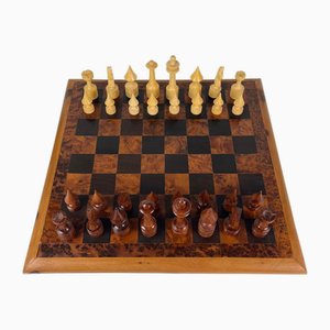 Large Vintage Handcrafted Wood Chess Board and Play Pieces, 1970s, Set of 33