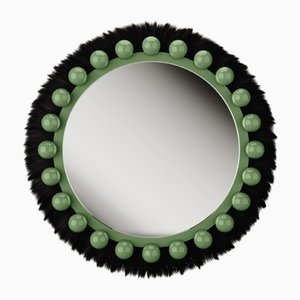 Modern Green Round Ibiza Wall Mirror in Natural Fiber and Black Lacquer by Hommés Studio
