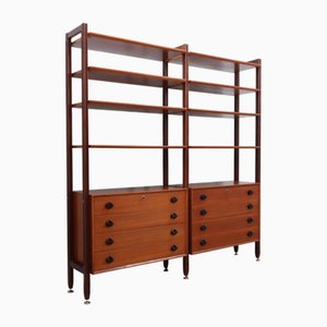 Libreria modulare Mid-Century moderna in teak con cassetti e ripiani, anni '60