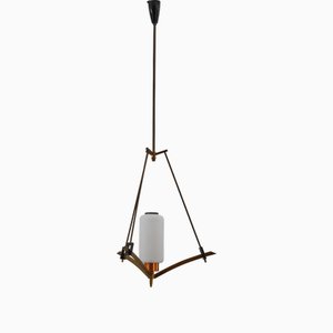 Lampe à Suspension Mid-Century Moderne en Verre Opalin et Laiton, Italie, 1950s