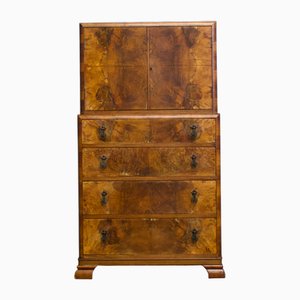 British Art Deco Burr Walnut Tallboy Linen Cabinet, 1930s