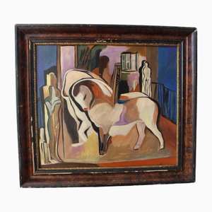 Mid-Century Modern Composition, Oil Painting, 1950s, Framed