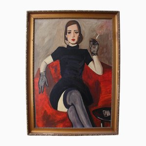 Lady Smoking in Art Nouveau Style, 1950s, Oil Painting, Framed
