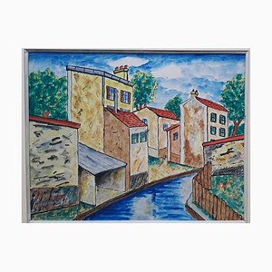 Elisée Maclet, Houses by The Canal, Encre et Gouache
