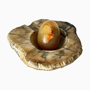 White-Green-Grey Marble Ashtray with Decorative Marble Egg, 1960s