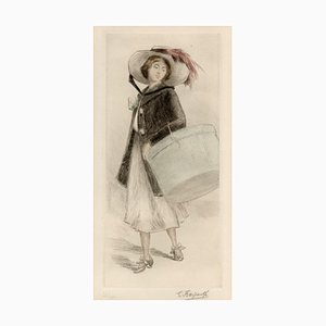 Gustave Fraipont, Woman in a Feathered Hat, 1800s, Etching Print