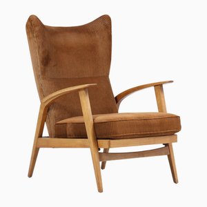 Vintage Adjustable Brown Upholstered Armchair with Wooden Armrests from Knoll Antimott