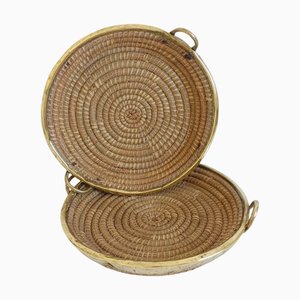 Paniers Mid-Century en Rotin et Laiton, Italie, 1970s, Set de 2
