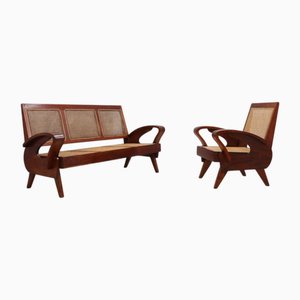 Panca Mid-Century moderna a tre posti in teak, anni '50, set di 2