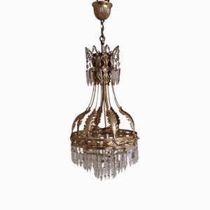 Lustre Vintage avec Cadre en Métal Décoré et Suspensions en Verre Cristal, 1970s