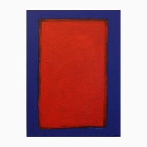 Bodasca, Red on Blue Abstract Composition, 2025, Acrylic on Canvas