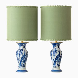 Vintage Blue Hand-Painted Ceramic Table Lamps with New Green Silk Shades from Royal Delft, 1978, Set of 2