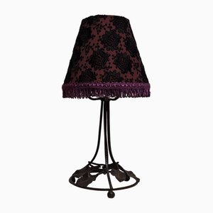 Art Deco French Table Lamp with Black Wrought Iron Frame and Handmade Fabric Shade from Lamplove, 1930s