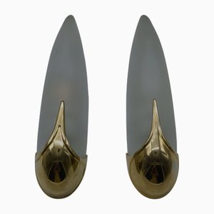 Brass and Glass Wall Lamps, France, 1980s, Set of 2