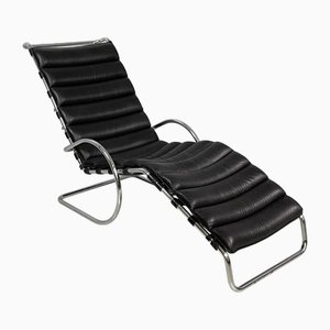 Italian Modern Black Leather and Steel Chaise Lounge by Mies Van Der Rohe for Knoll, 1970s