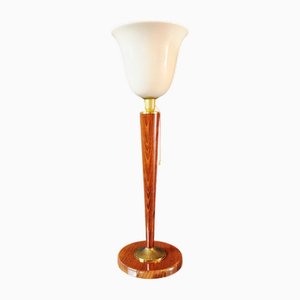 Grande Lampe de Bureau en Bois et Opaline Blanche