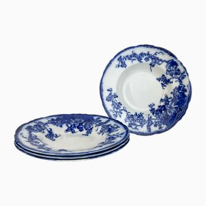 Antique 19th Century Flow Blue Semi-Porcelain Soup Plates from Wedgwood, Set of 4