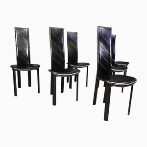 Vintage High Back Dining Chairs in Black Leather, 1980s , Set of 6