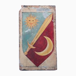 Renaissance Keramikfliese aus dem 16. Jahrhundert mit heraldischem Wappen mit Sonne und Mond aus der Abtei Mirasole Mailand, Italien
