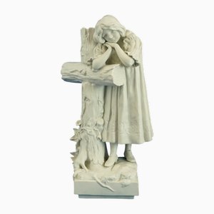 Large 20th Century Biscuit Porcelain Sculpture of a Little Girl Praying on a Cross from Betoule Et Cie, Limoges, France