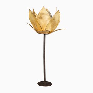Lampada da terra vintage a forma di fiore di loto con paralume in pergamena, Italia, 1970