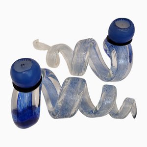 Blue Spiral Candleholders in Glass, France, 1980s, Set of 2