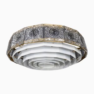 Lustre Mid-Century Moderne en Laiton Patiné et Verre de Bohême, 1970s