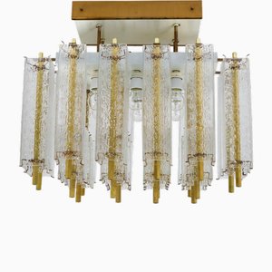 Mid-Century Modern Brass and Structured Glass Flush Mount, 1960