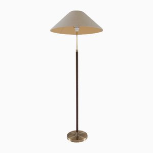Lampadaire Mid-Century en Laiton et Cuir Marron de Falkenbergs Belysning, Suède, 1960s
