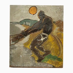 African Fisherman Pulling His Canoe by the Tip, 1930, Polychrome Woodcut