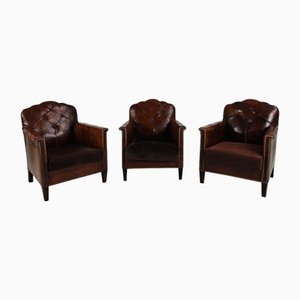 Sheepskin Leather Club Chairs, 1930s, Set of 3