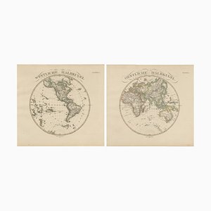 Western & Eastern Hemisphere Maps with World Double Hemisphere Engravings, 1857, Set of 2