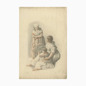 Artiste de l'École Hollandaise, Femmes et Enfant, 1805, Dessin au Crayon